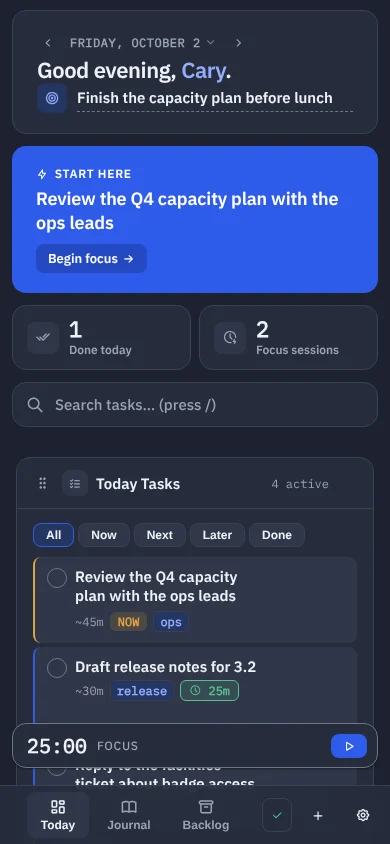 Focalslate on a phone: greeting, Start here card and today’s tasks